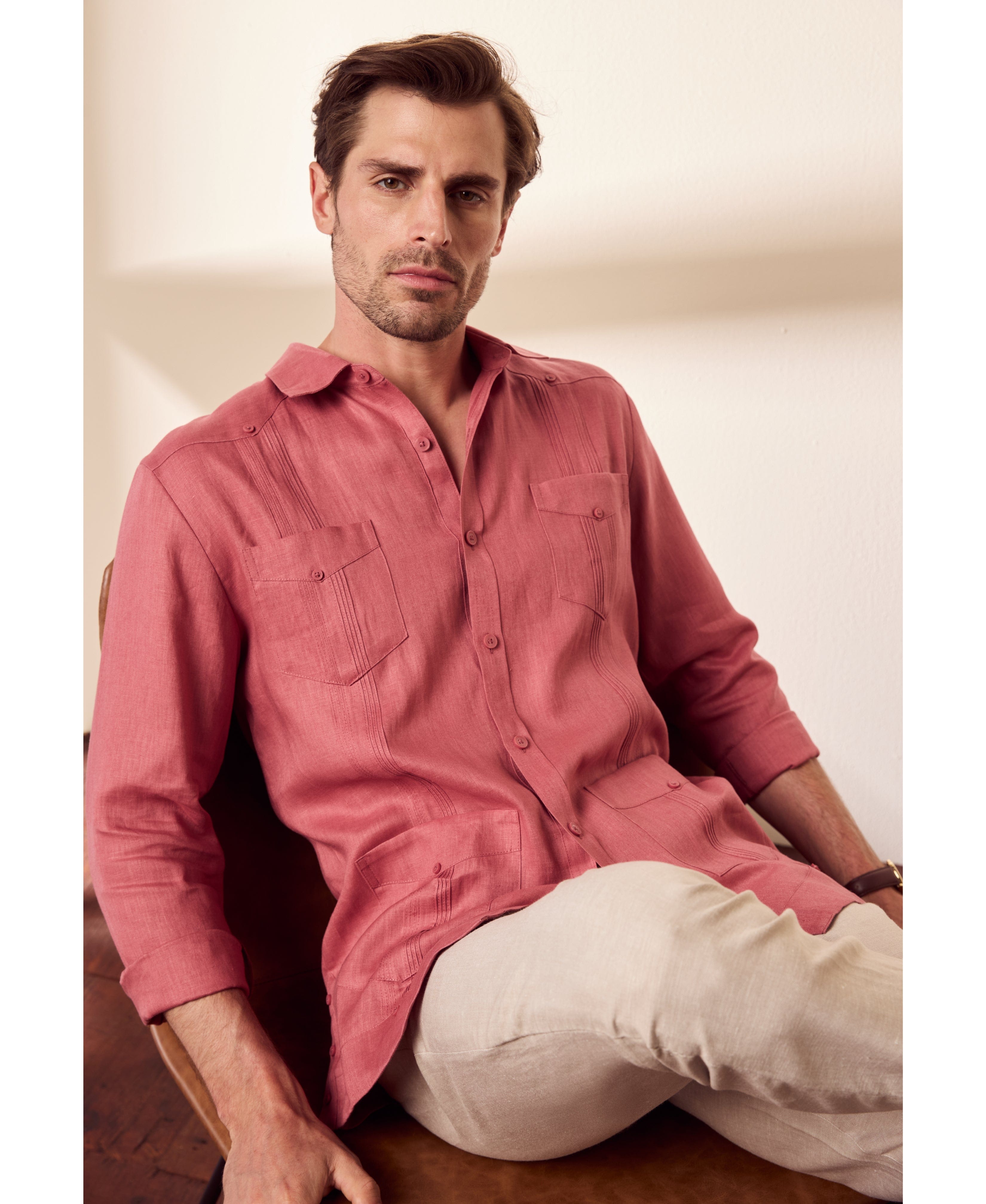 100% Linen Classic Guayabera Shirt - Long Sleeve