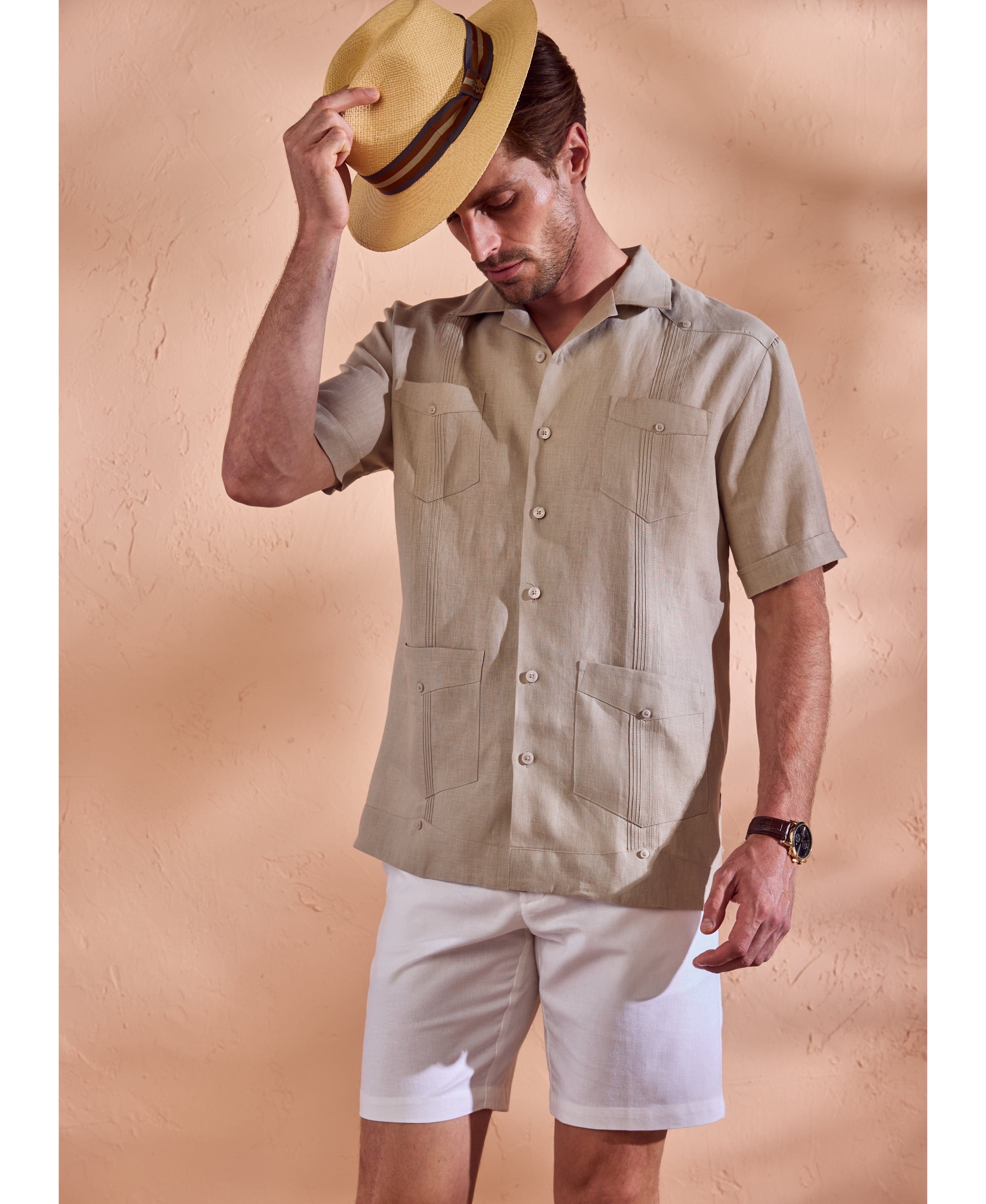 100% Linen Classic Guayabera Shirt - Short Sleeve