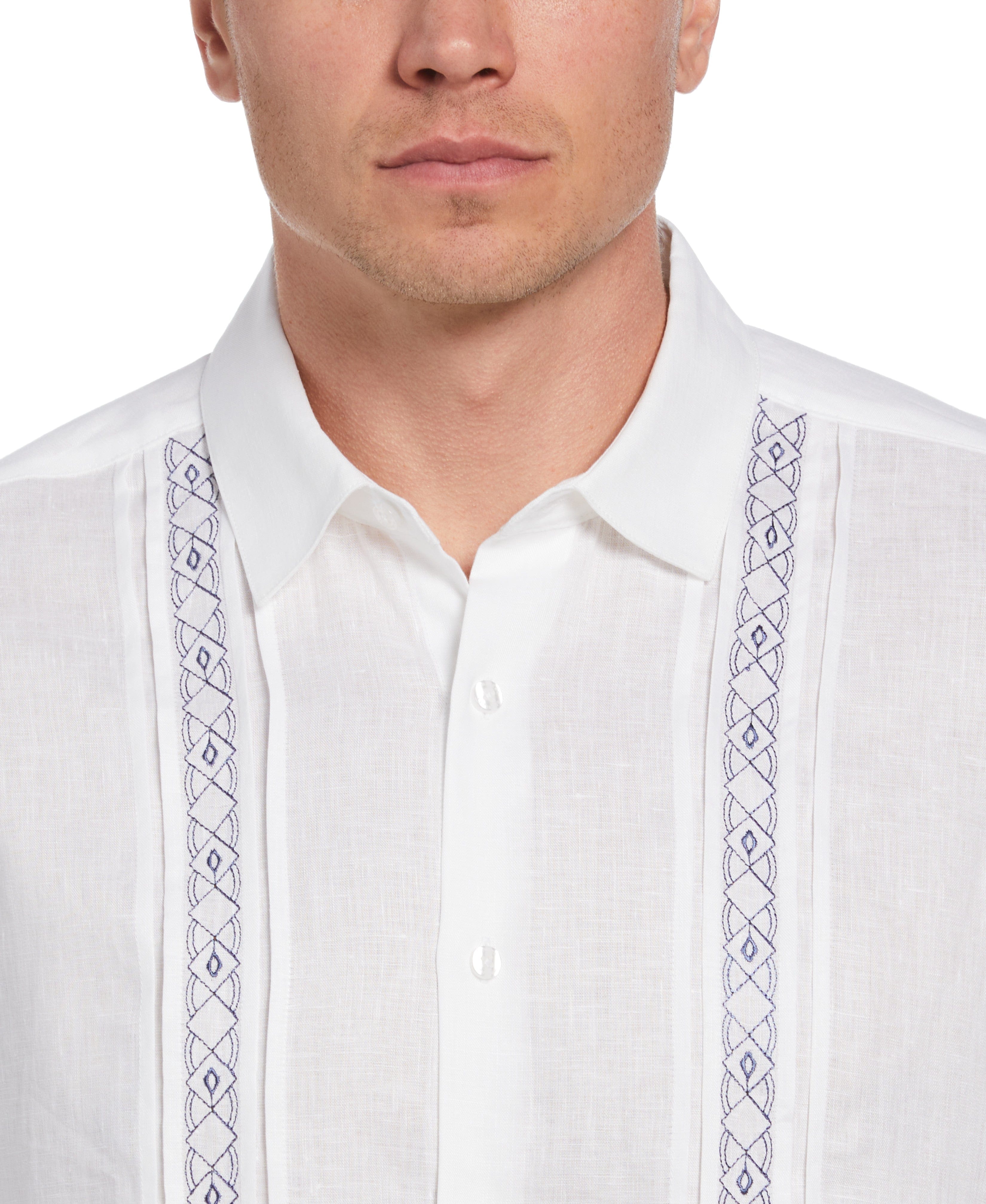 Cross Dye Linen Pintuck Embroidered Panel Shirt
