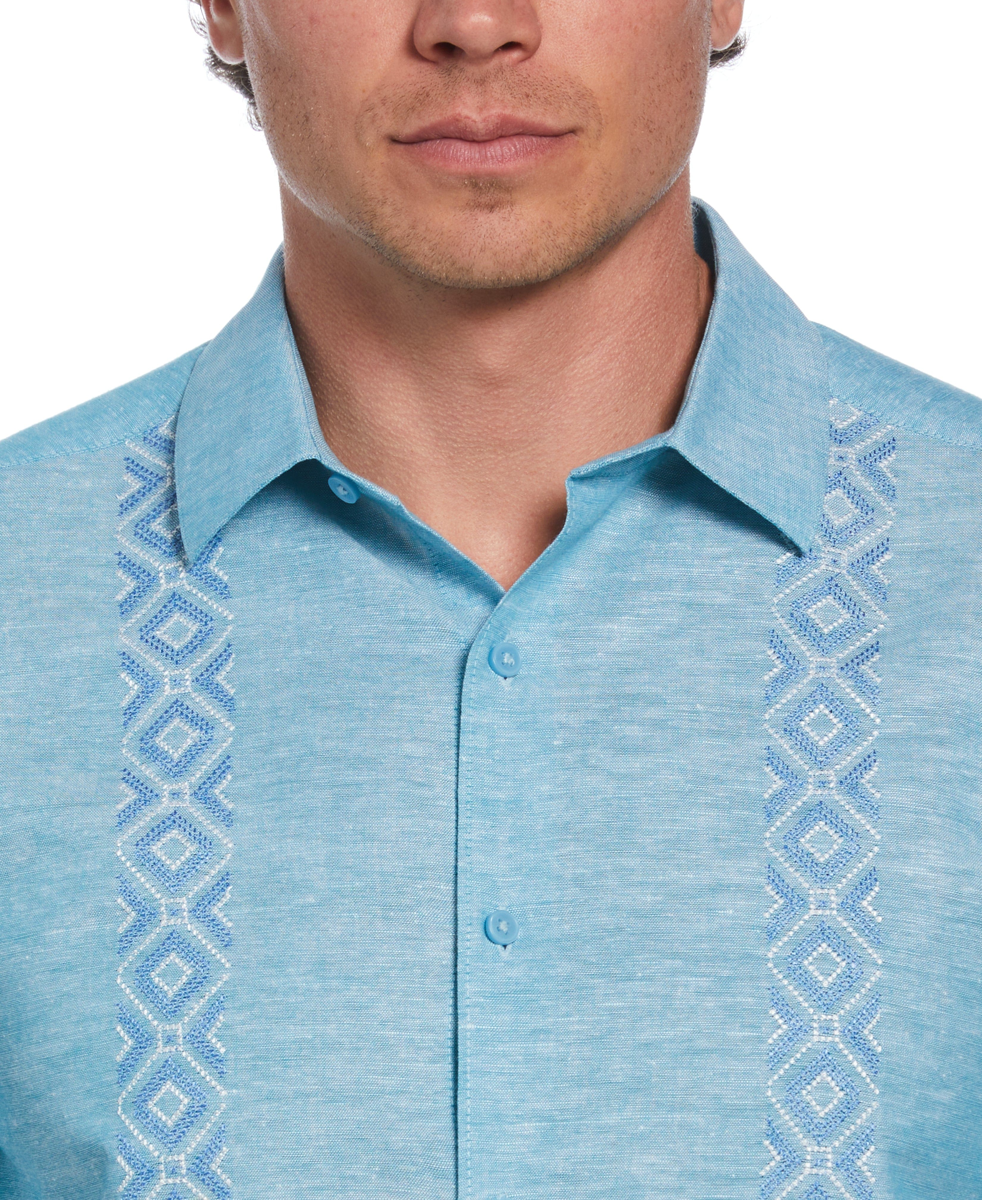 Linen Blend Argyle Embroidered Chambray Shirt