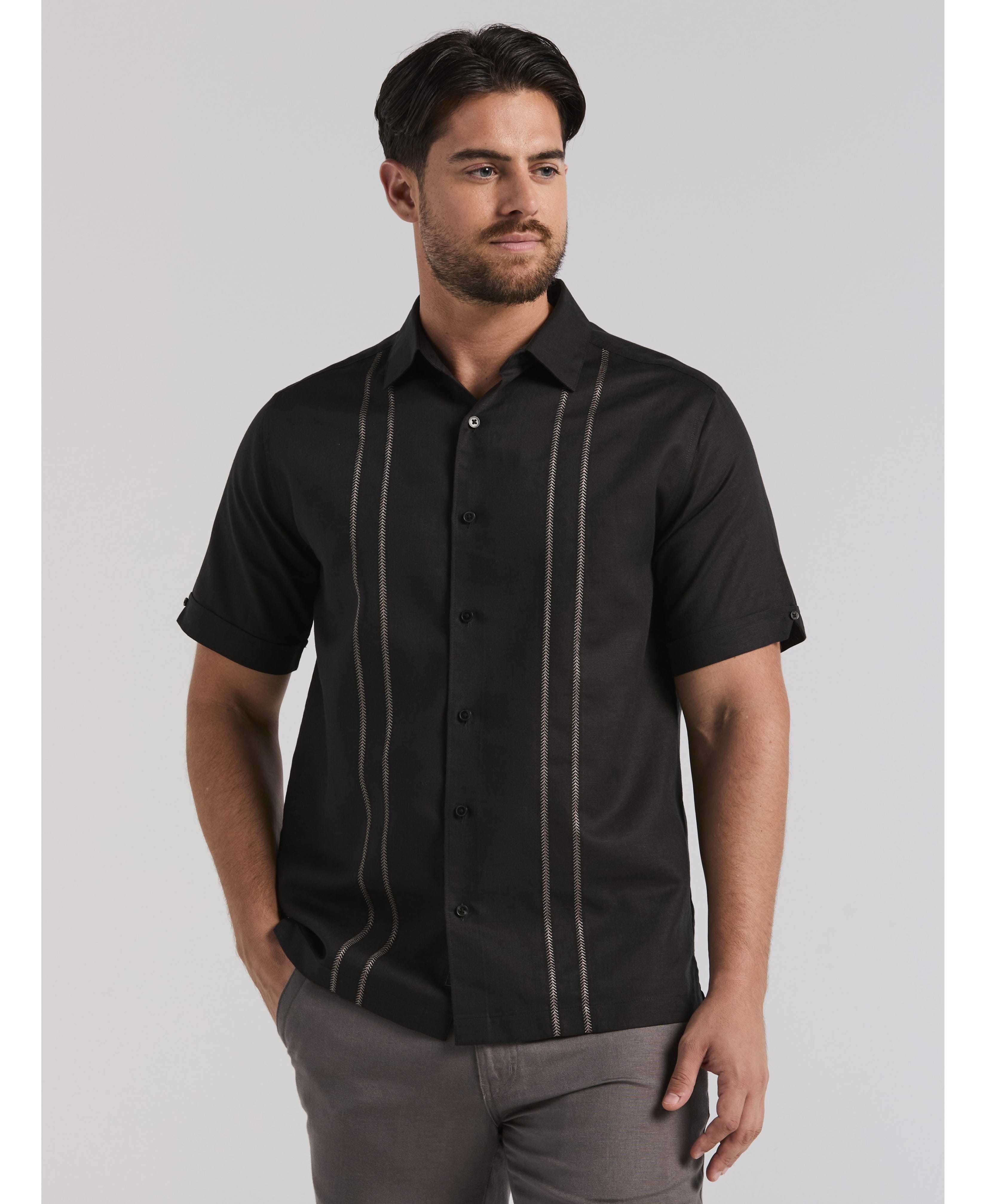 Linen Blend Embroidered Panel Shirt