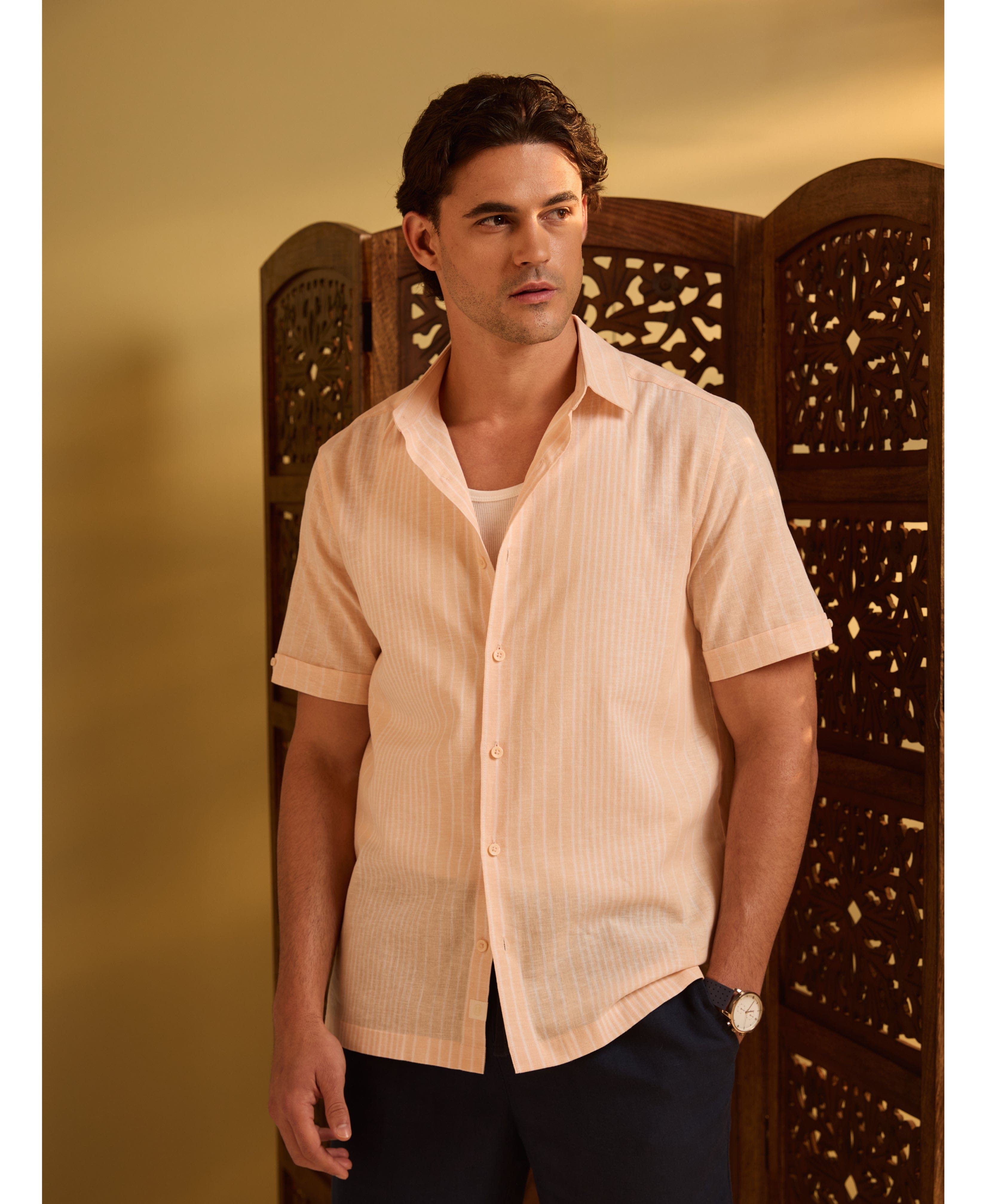 Linen Blend Engineered Stripe Shirt