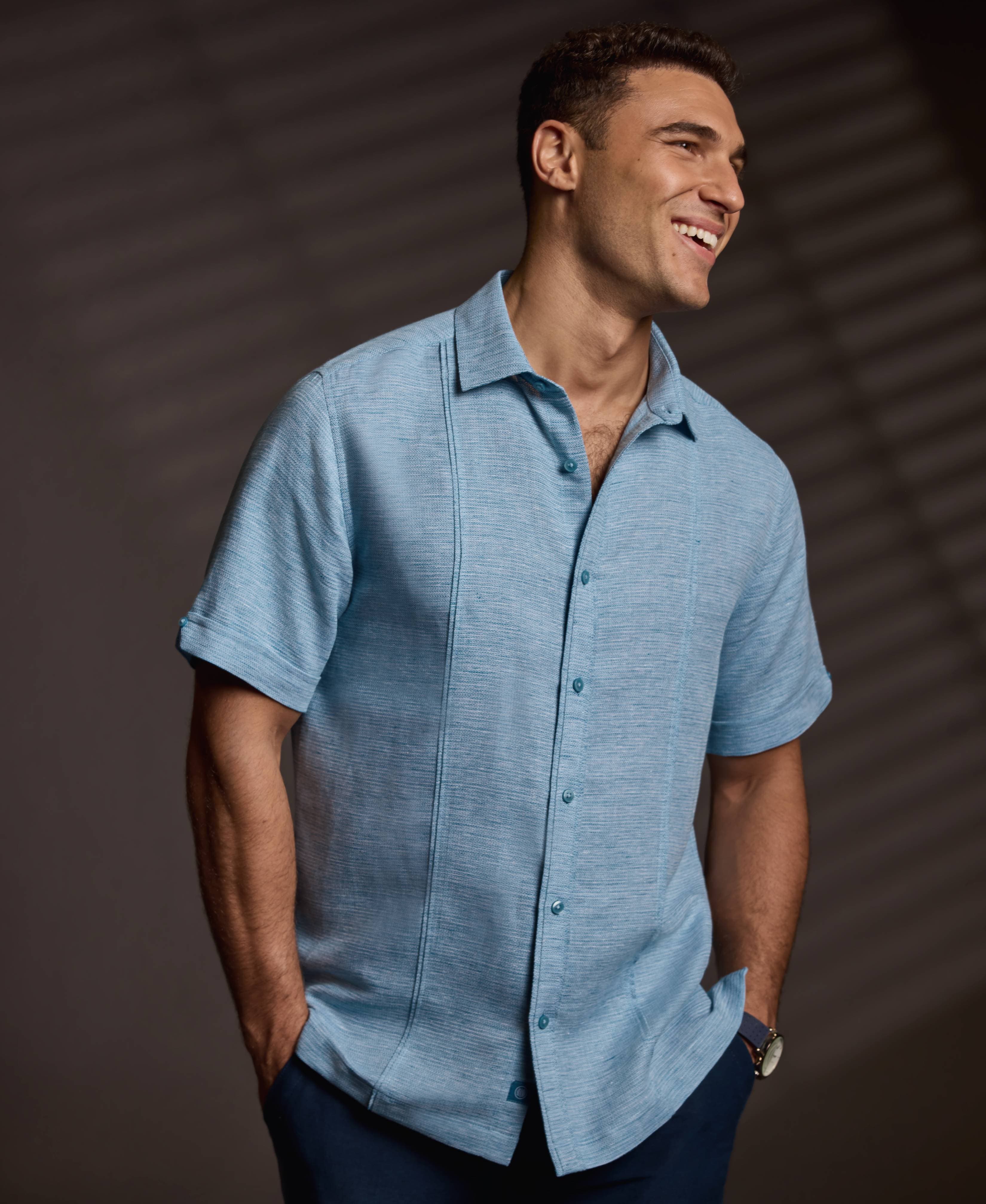 Linen Blend Tuck Panel Dobby Shirt