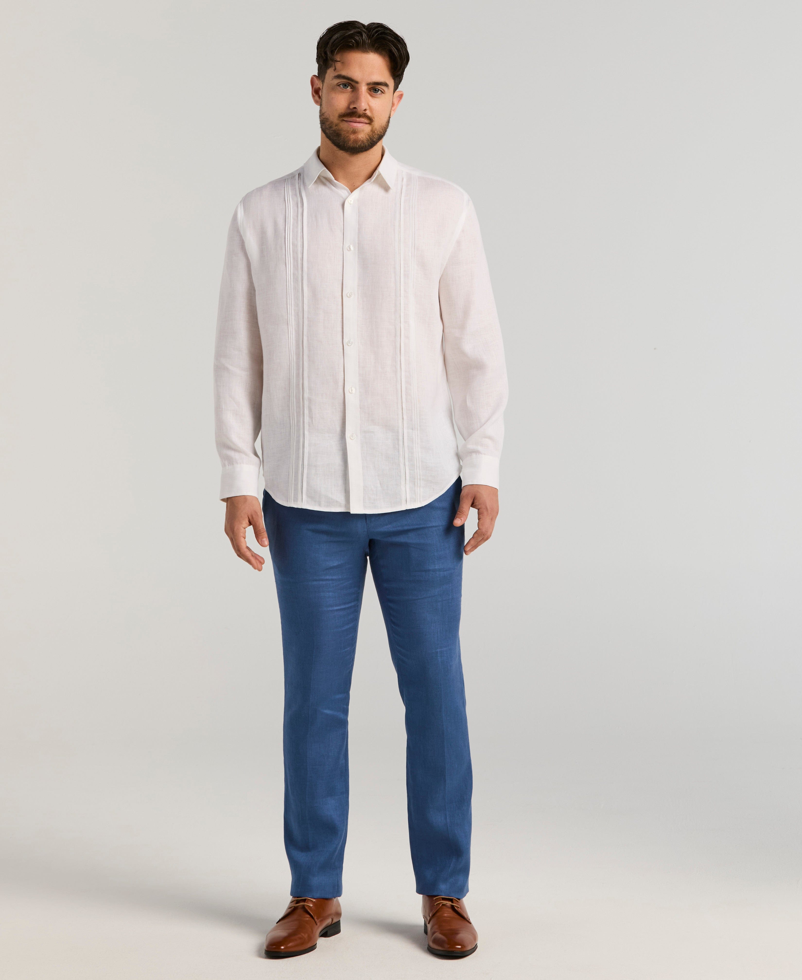 Linen Embroidered Tuck Panel Guayabera Shirt
