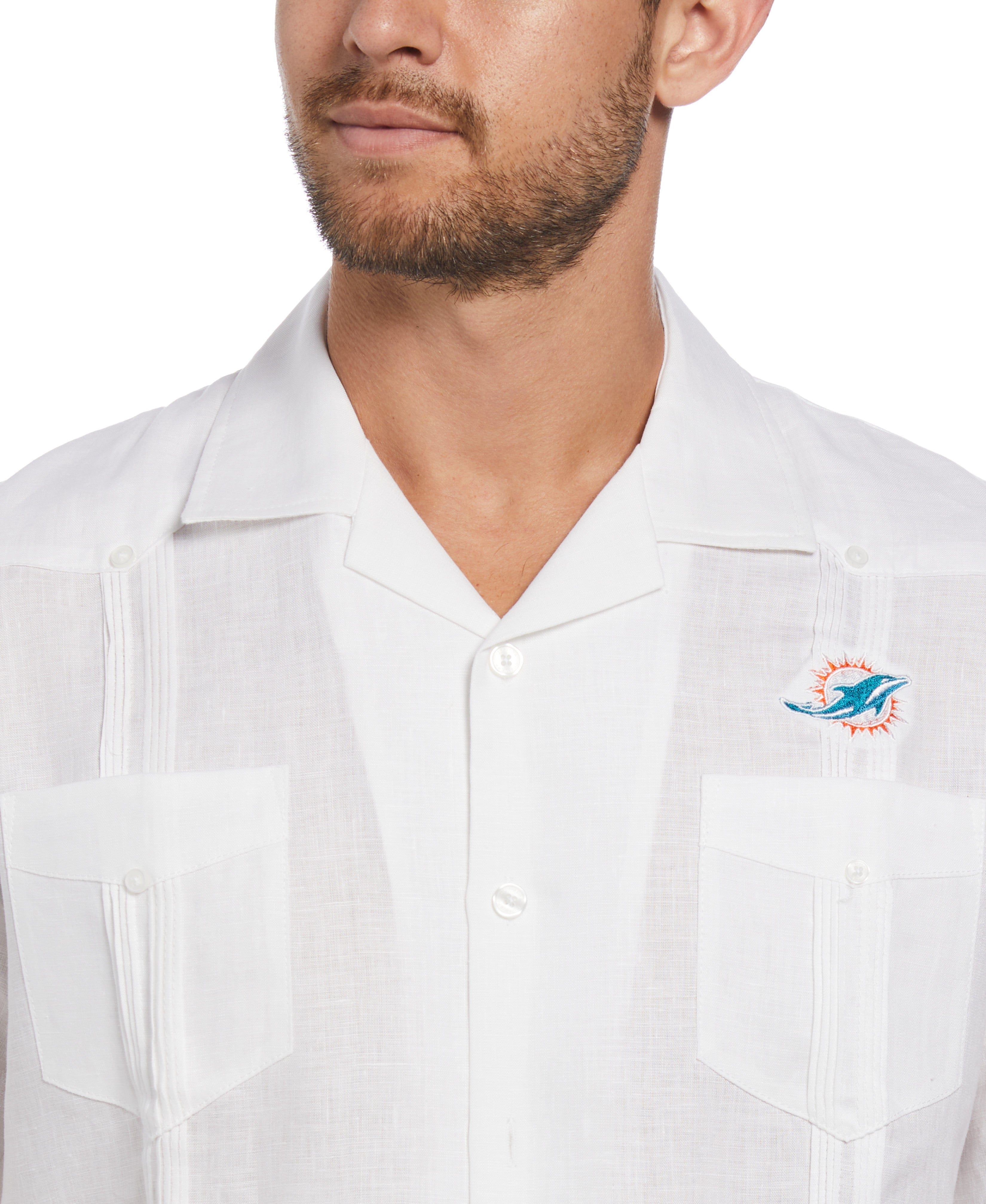 Miami Dolphins Logo Linen Short Sleeve 4 Pocket Guayabera