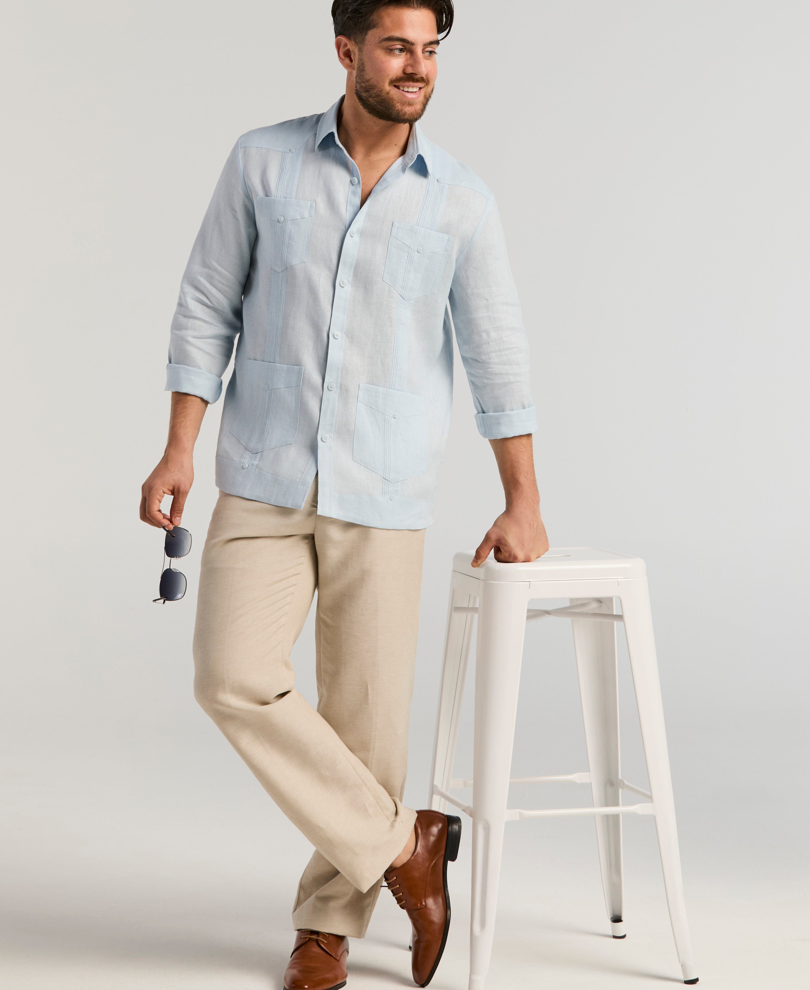 100% Linen Classic Guayabera Shirt - Long Sleeve