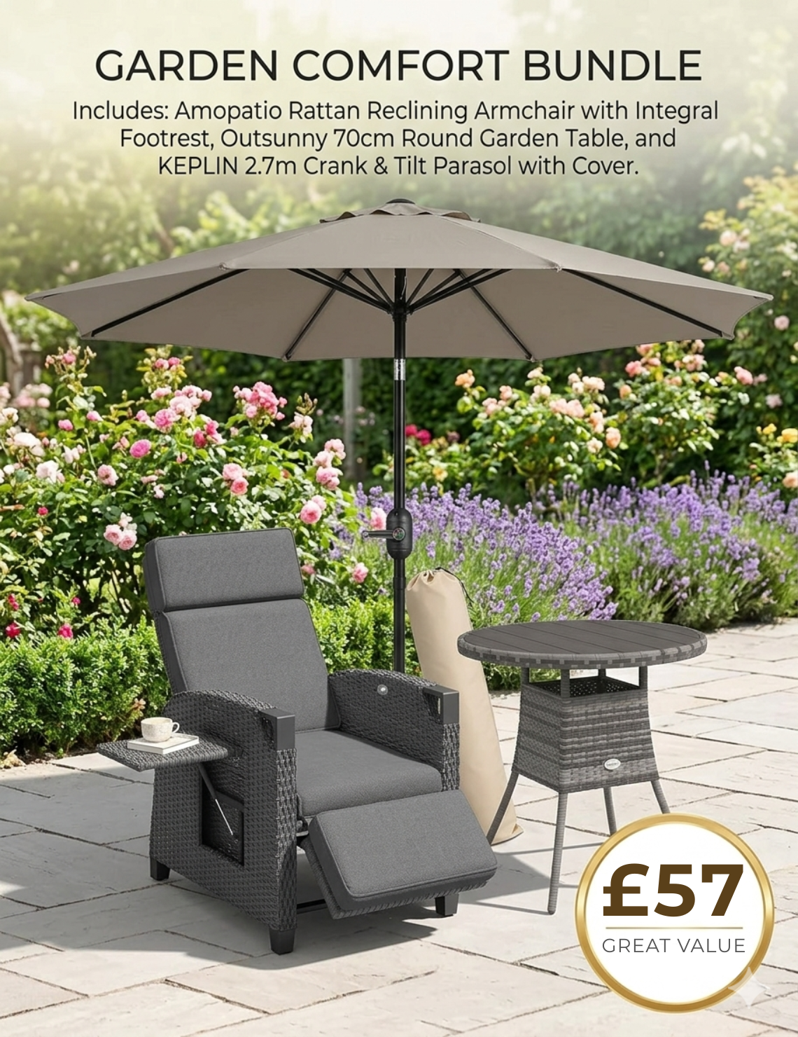 Garden Comfort Bundle: Outdoor Lounge Chair with Side Table + Folding Side Table + Pack of 2 Outdoor Waterproof