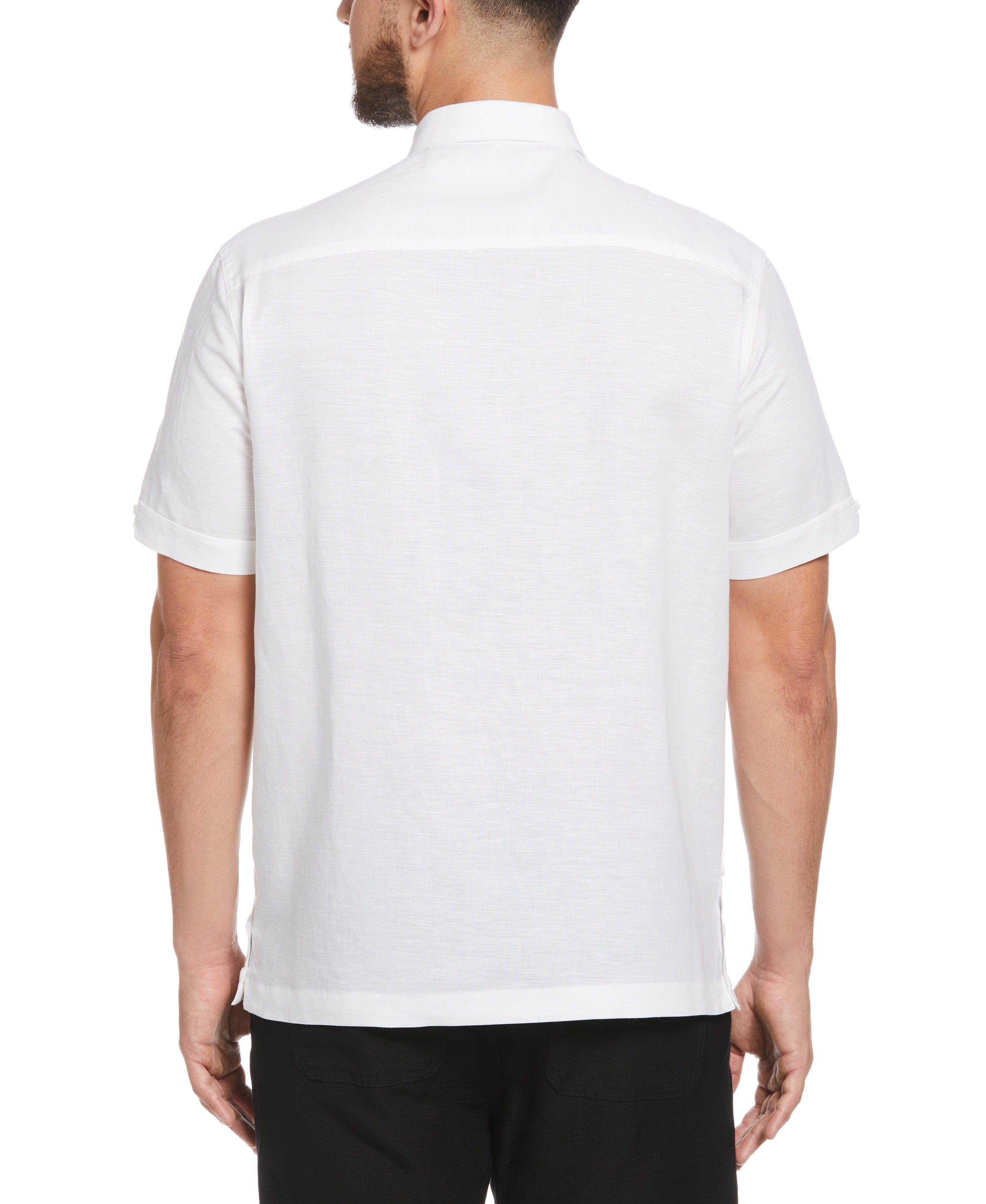 Linen Blend Contrast Embroidery Guayabera Shirt