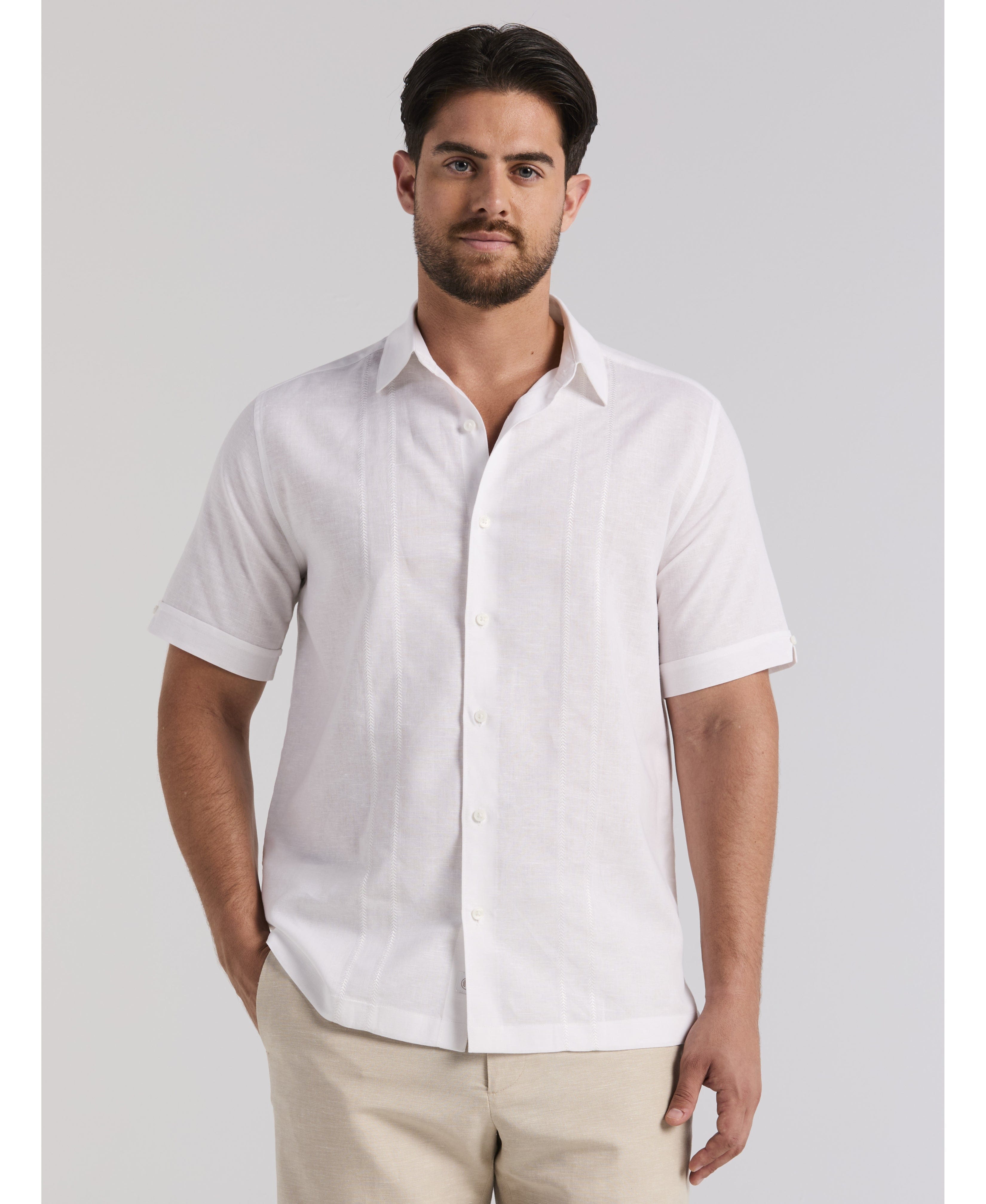 Linen Blend Embroidered Panel Shirt
