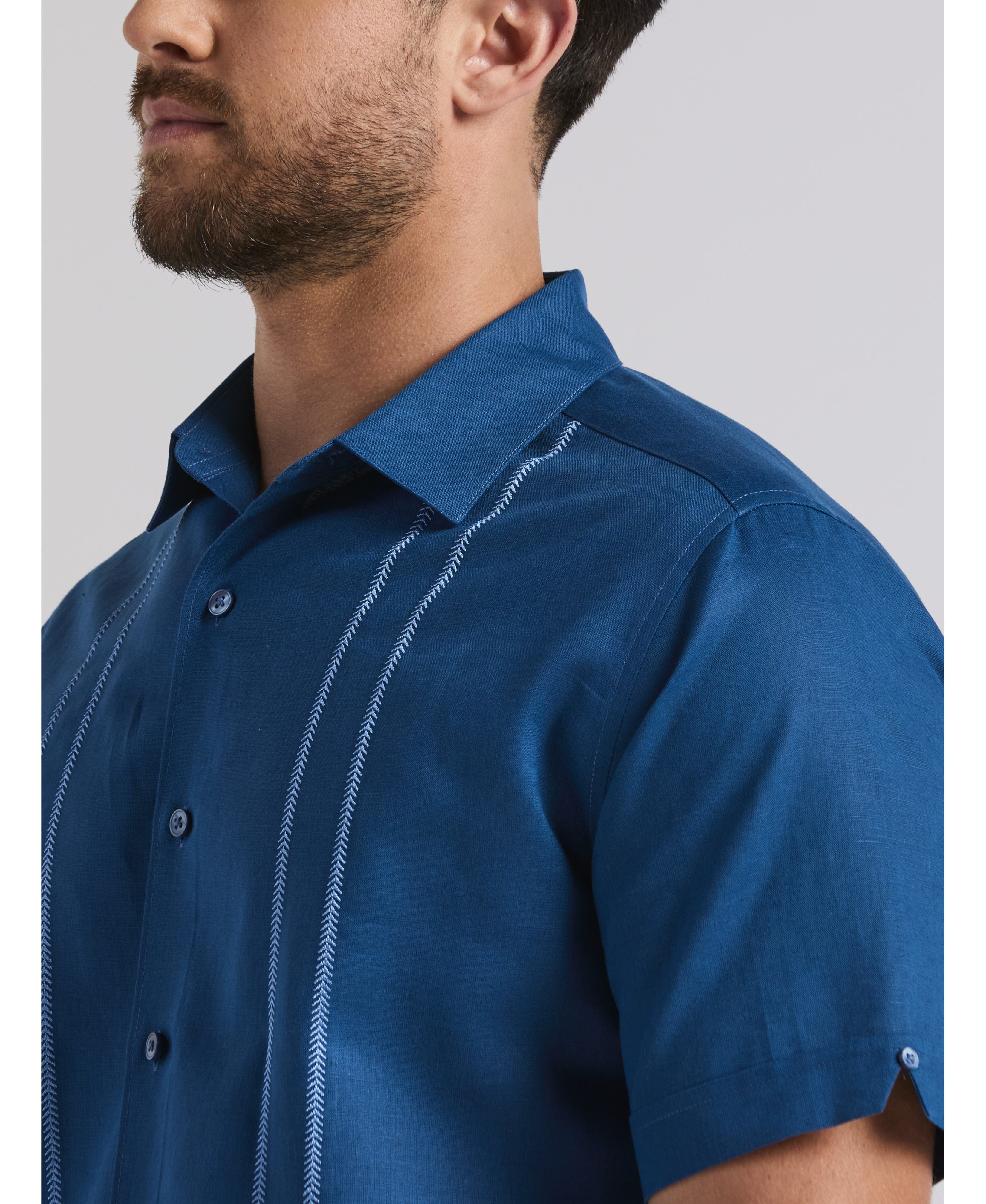 Linen Blend Embroidered Panel Shirt