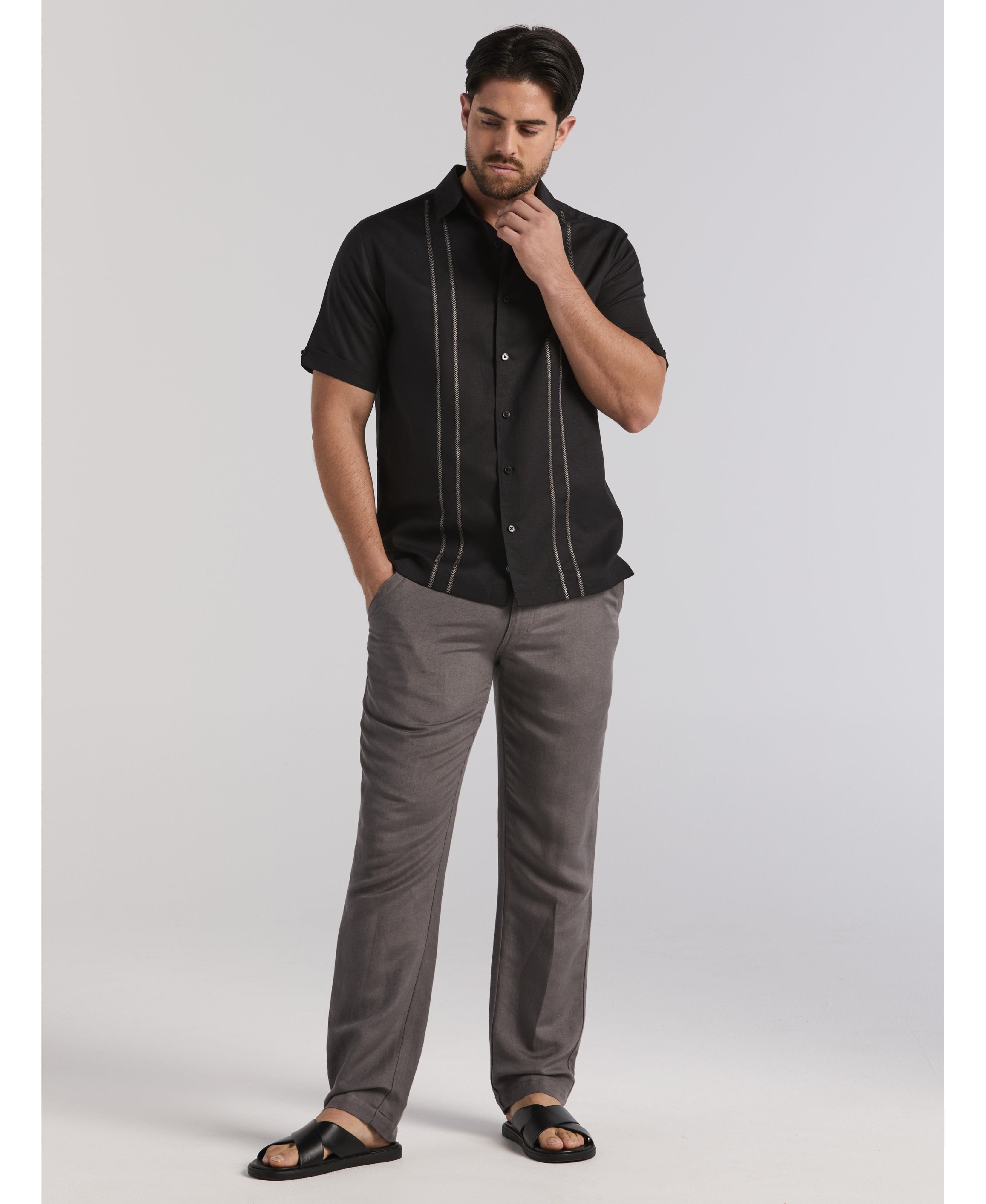 Linen Blend Embroidered Panel Shirt