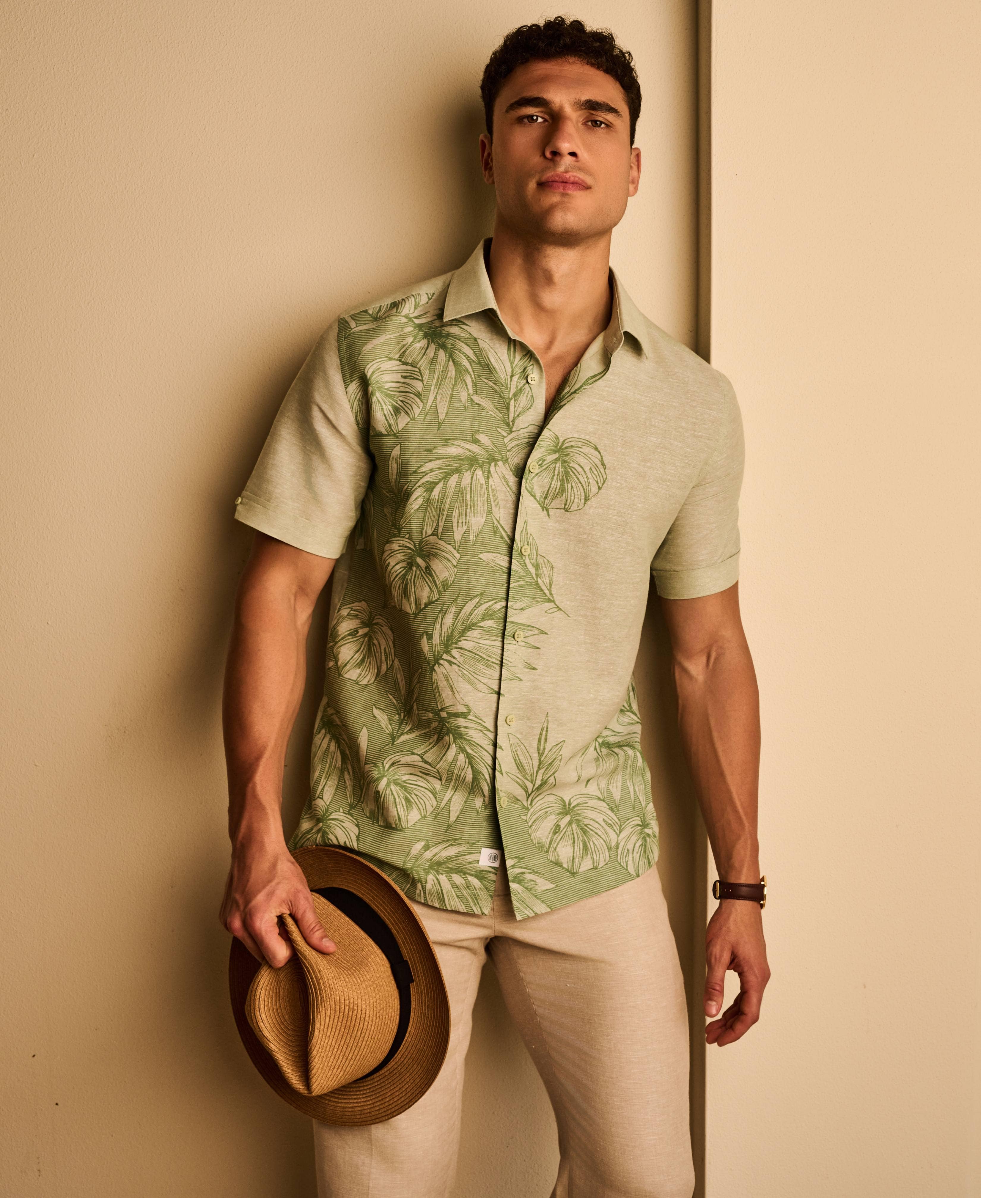Linen Blend Engineered Tropical Print Shirt