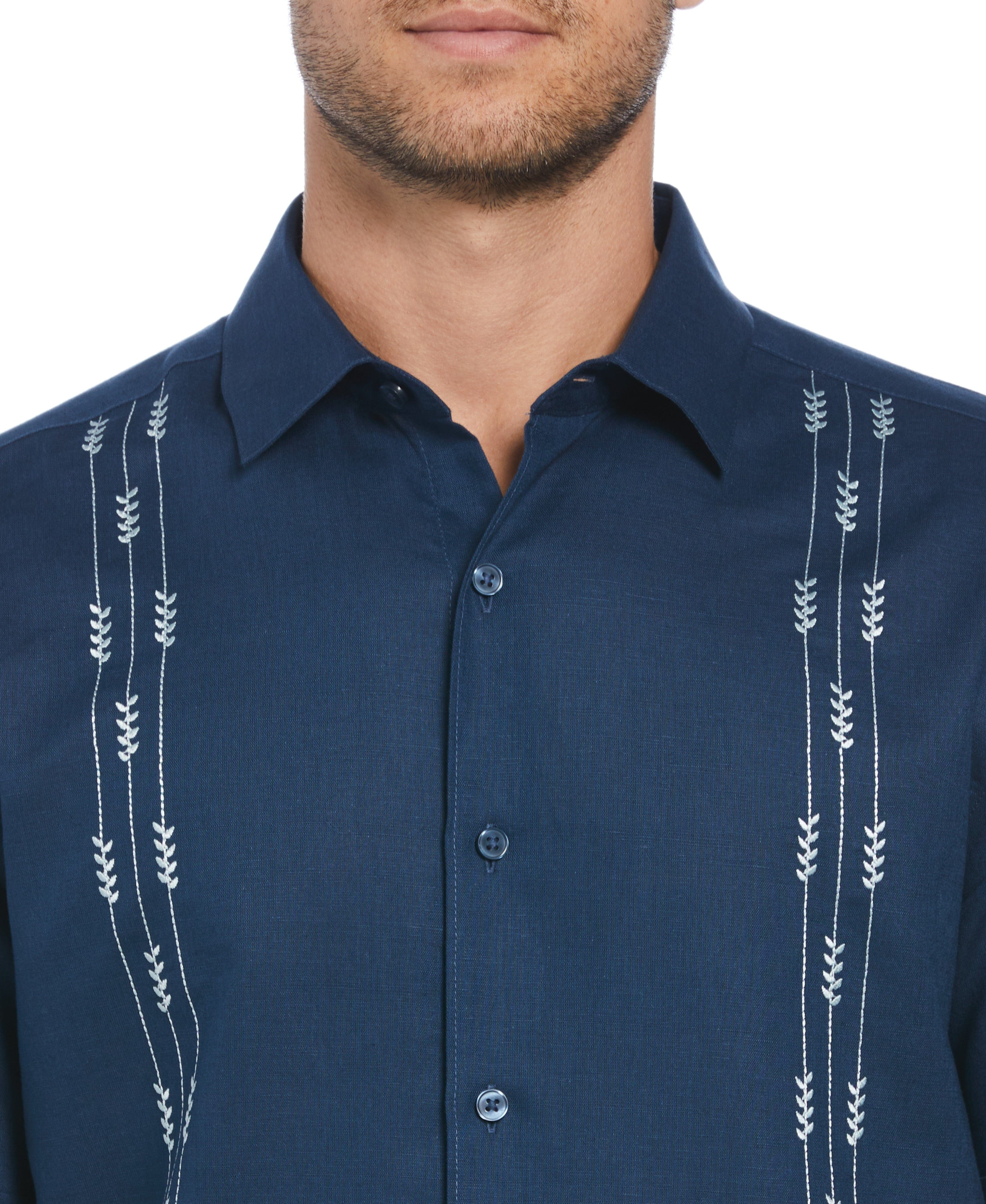 Linen Blend Leaf Embroidery Panel Guayabera Shirt