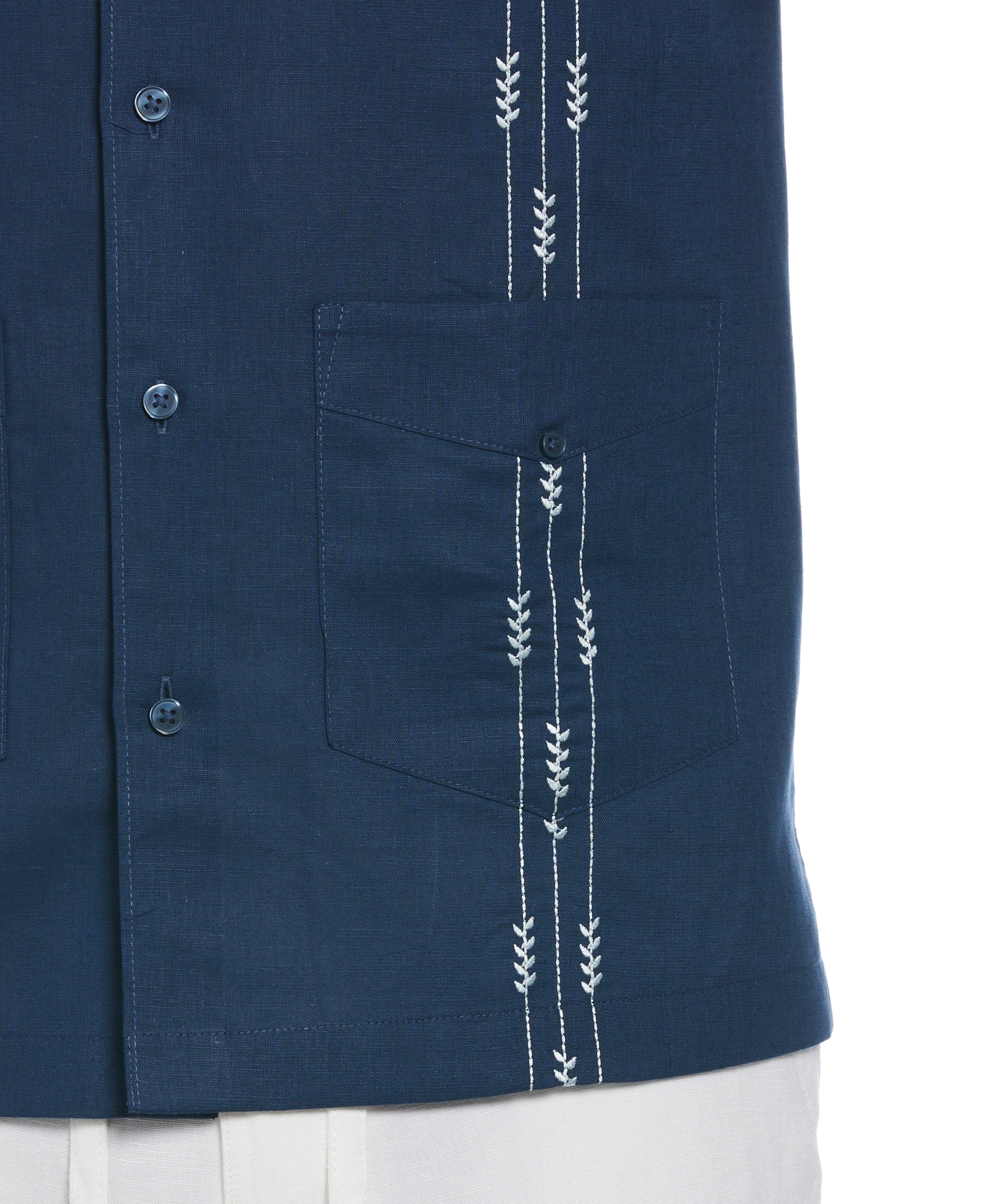 Linen Blend Leaf Embroidery Panel Guayabera Shirt