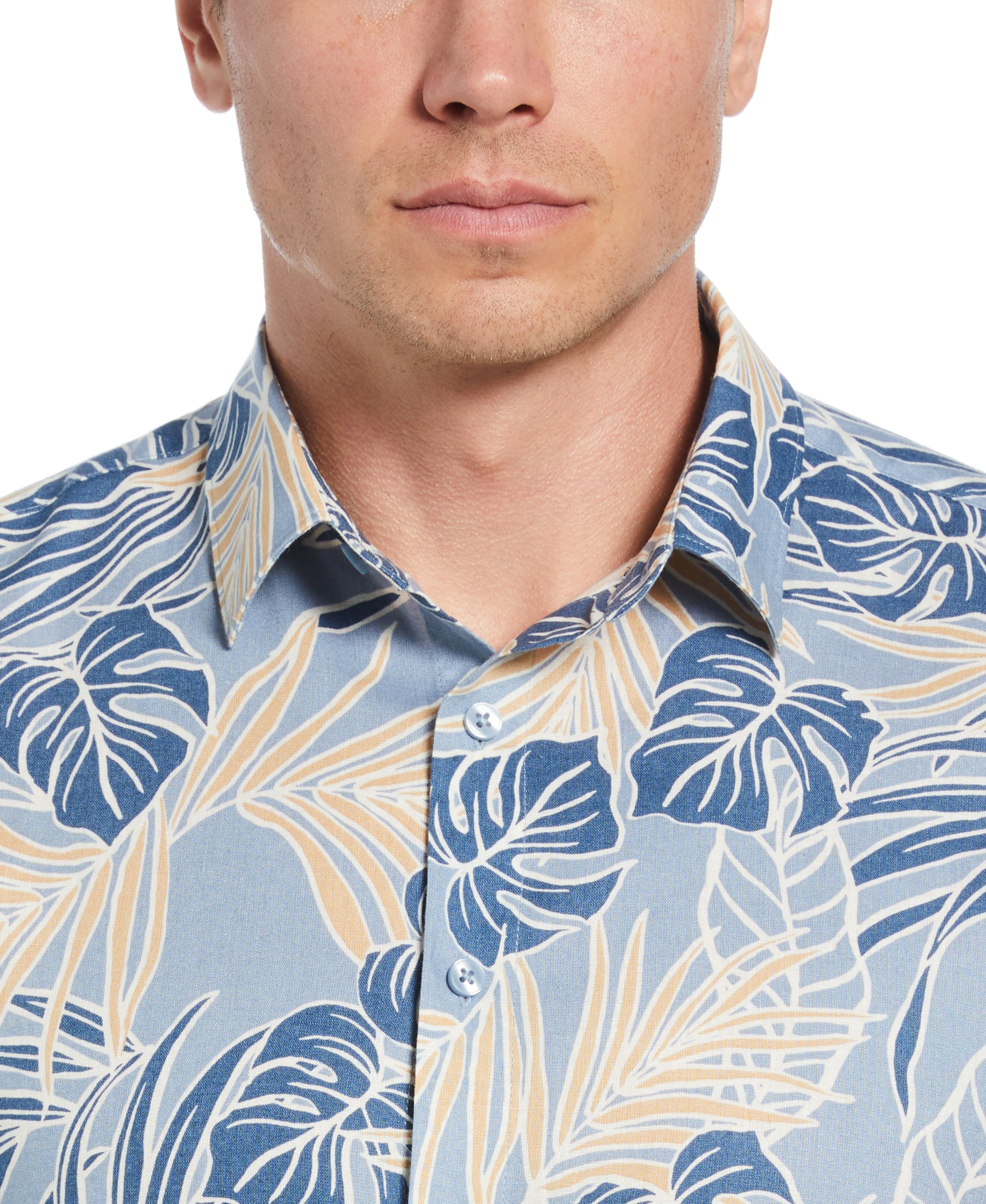 Linen-Blend Leaf Outline Print Shirt
