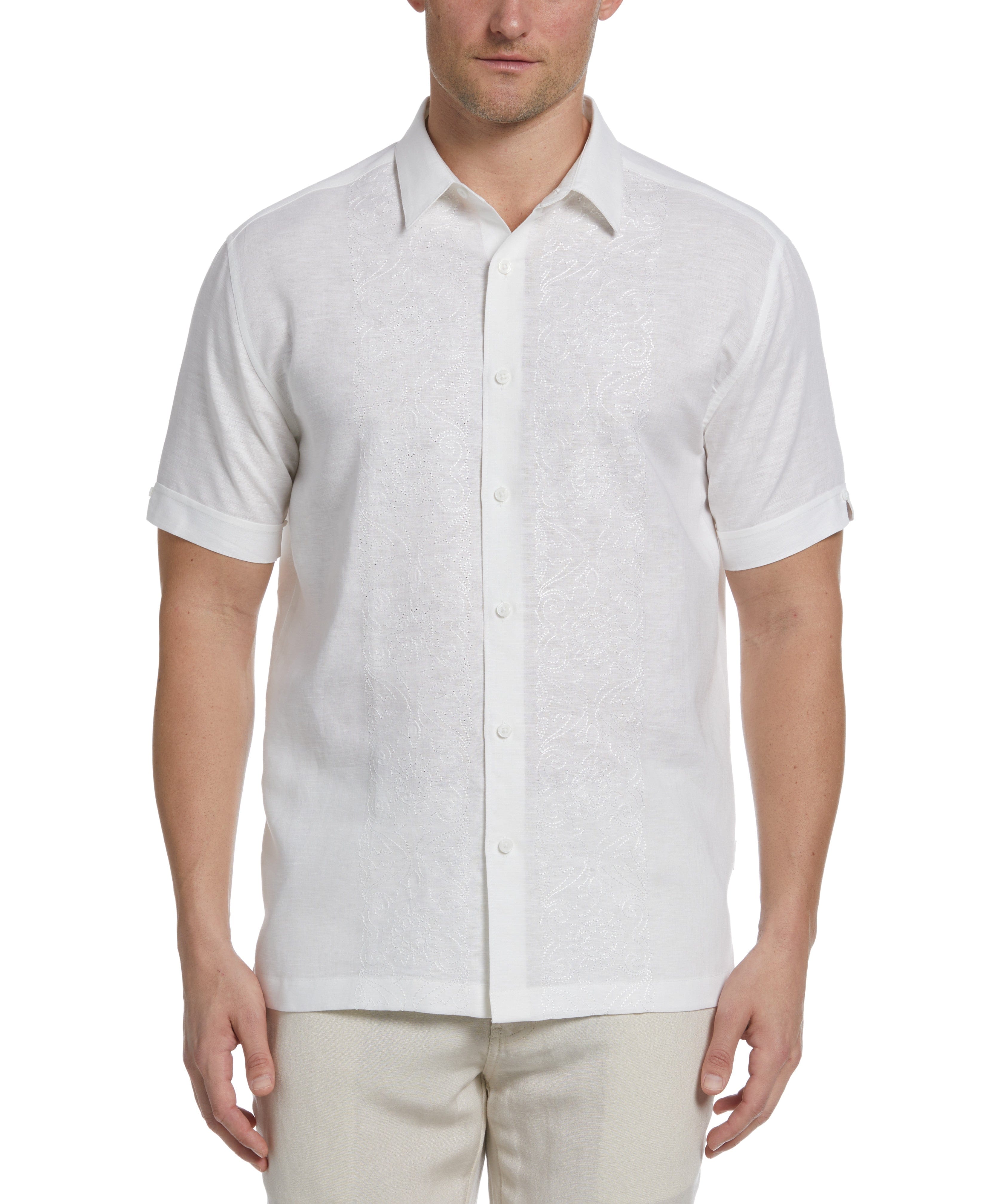 Linen Blend Tonal Embroidered Panel Shirt