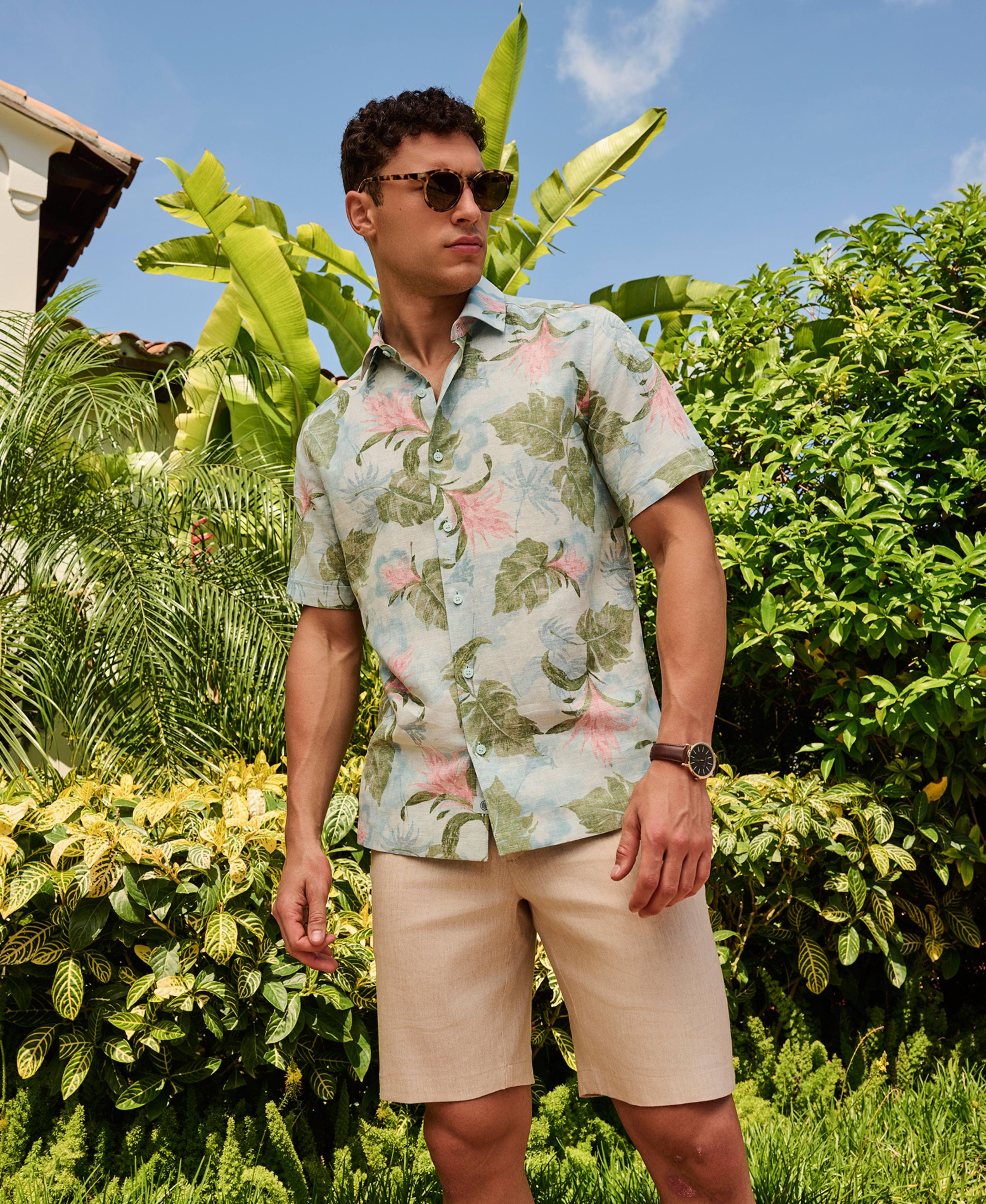 Linen Blend Tropical Floral Print Shirt