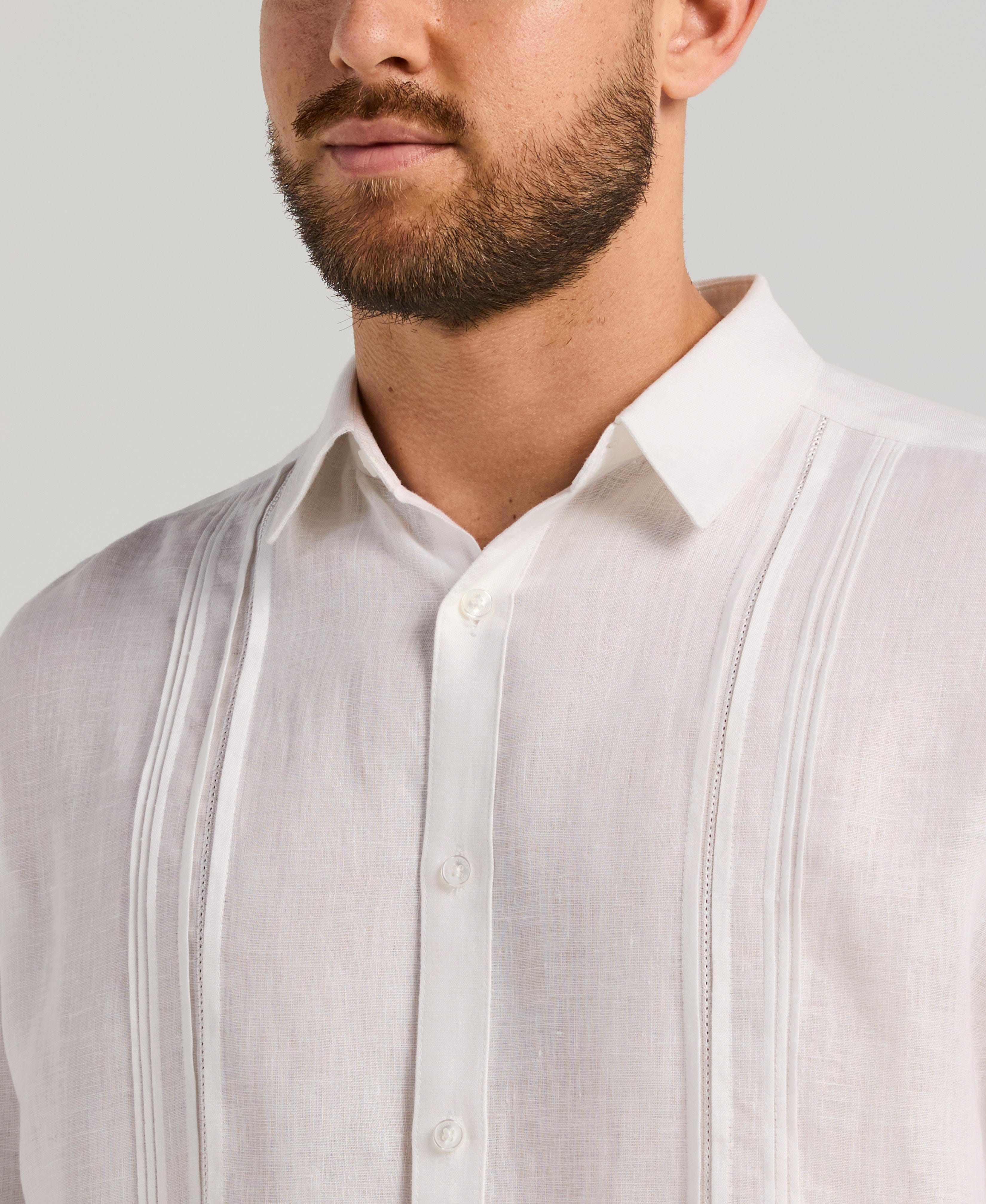 Linen Embroidered Tuck Panel Guayabera Shirt