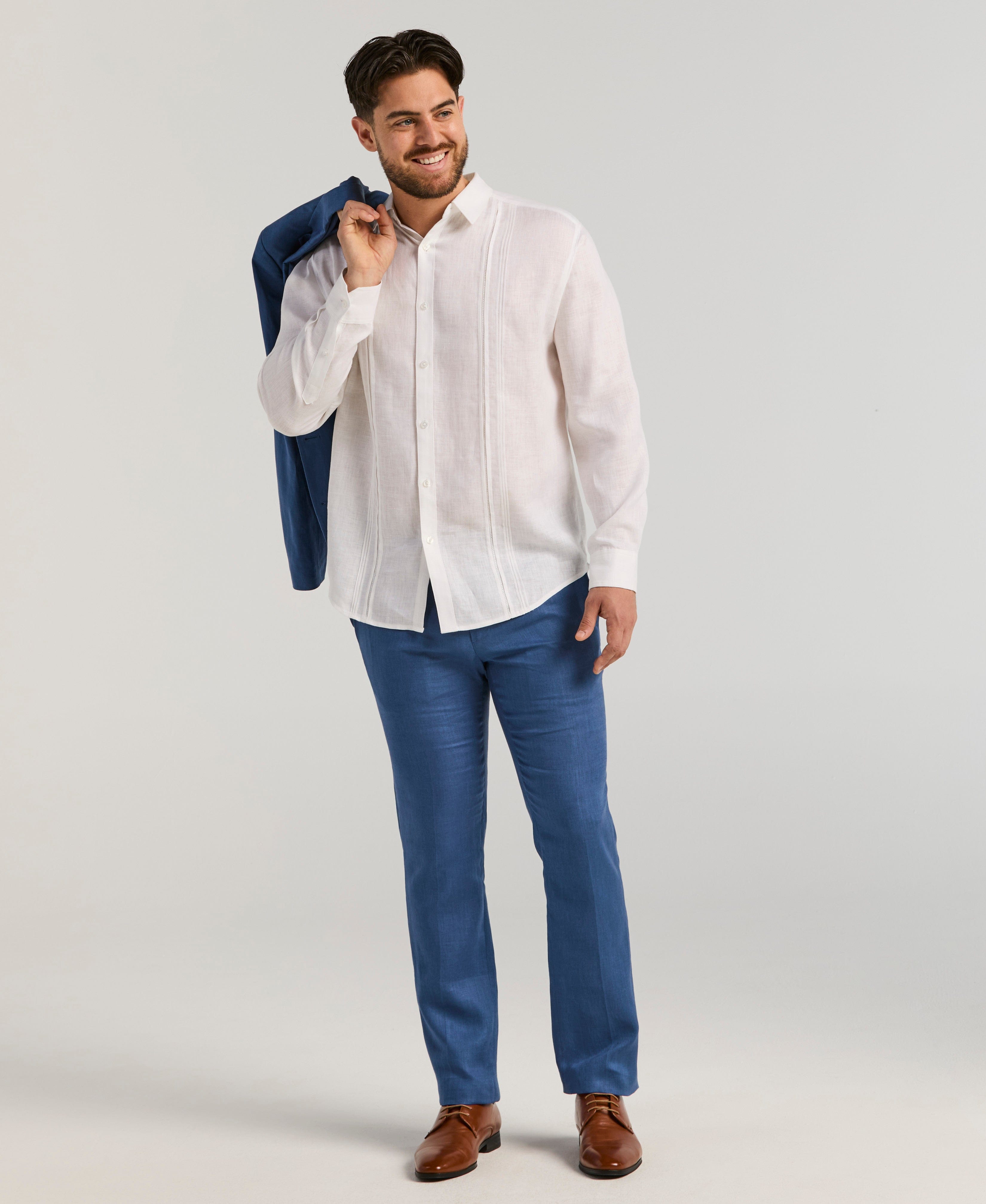 Linen Embroidered Tuck Panel Guayabera Shirt